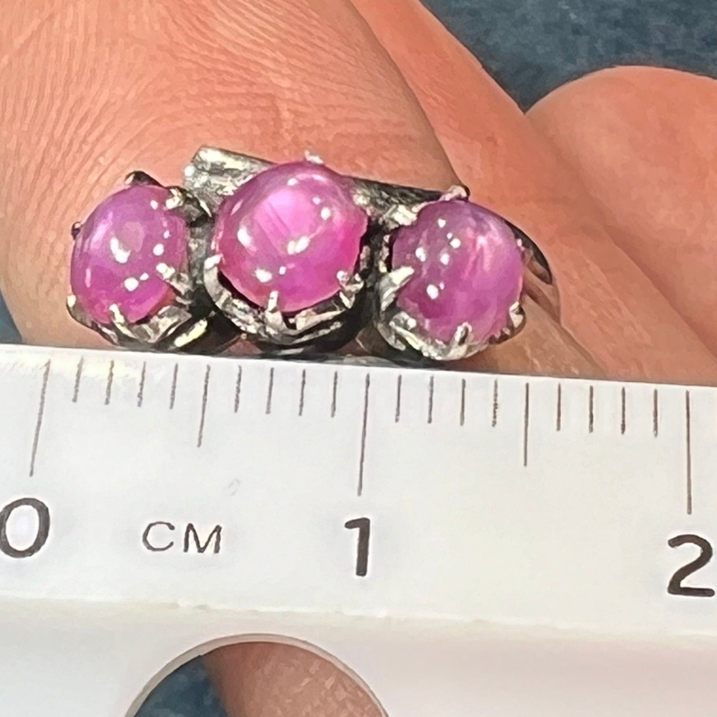 14k White Gold 3 Pink STAR SAPPHIRE RUBY Ring **Video**