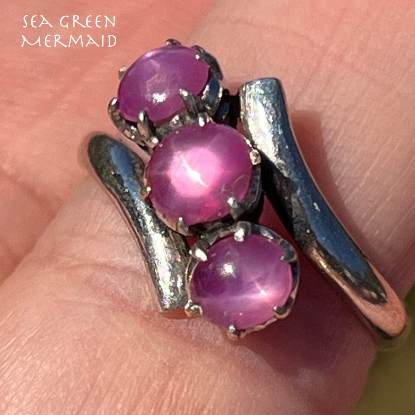 14k White Gold 3 Pink STAR SAPPHIRE RUBY Ring **Video**