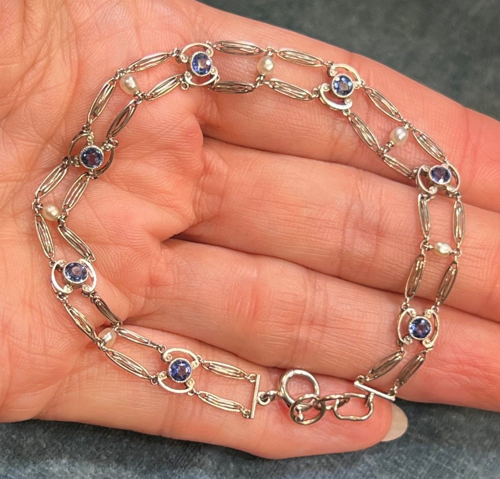 14k White Gold Antique Ceylon Blue Sapphire Bracelet. 7g *Video*