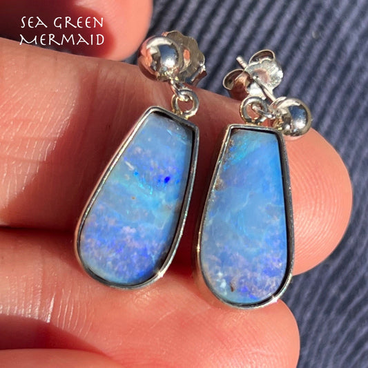 14k White Gold Australian "Ocean Blues" Boulder Opal Earrings