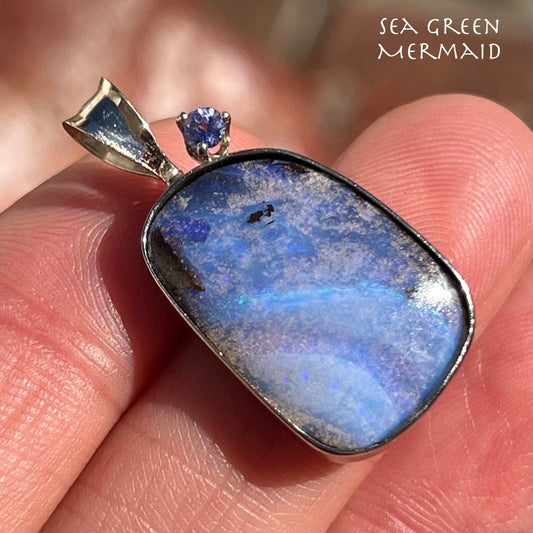 14k White Gold Australian "Ocean Blues" Boulder Opal Pendant. 1.2"+ 6g