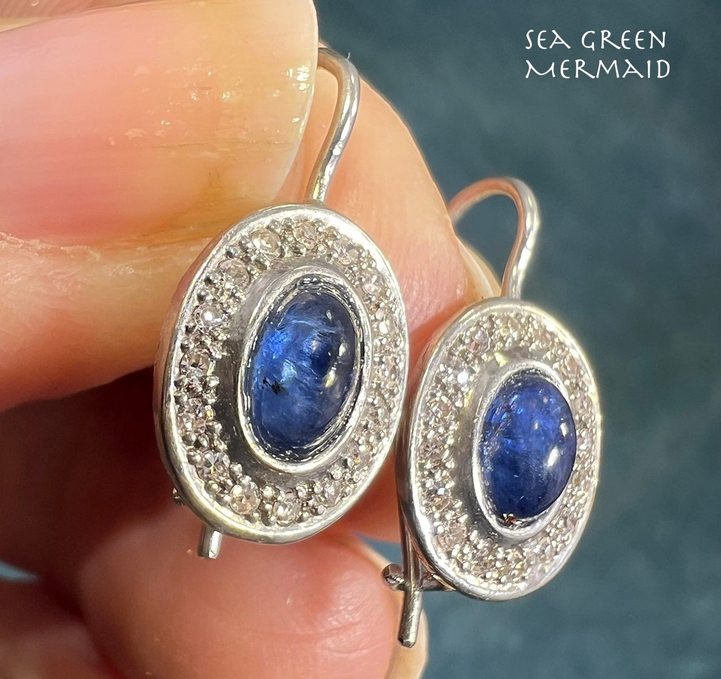 14k White Gold Blue Sapphire Cabochon + Diamond Leverback Earrings *Video*