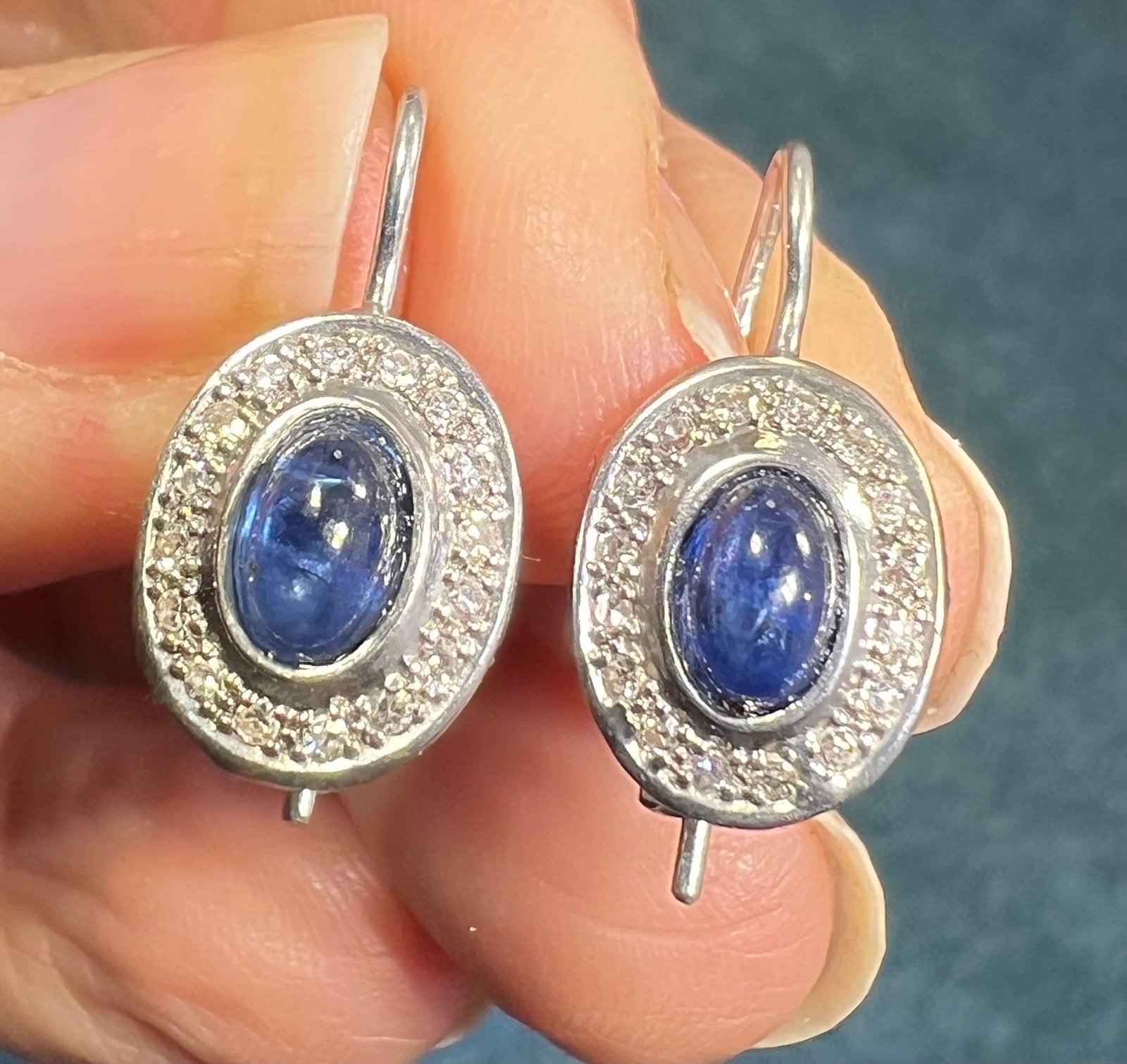 14k White Gold Blue Sapphire Cabochon + Diamond Leverback Earrings *Video*