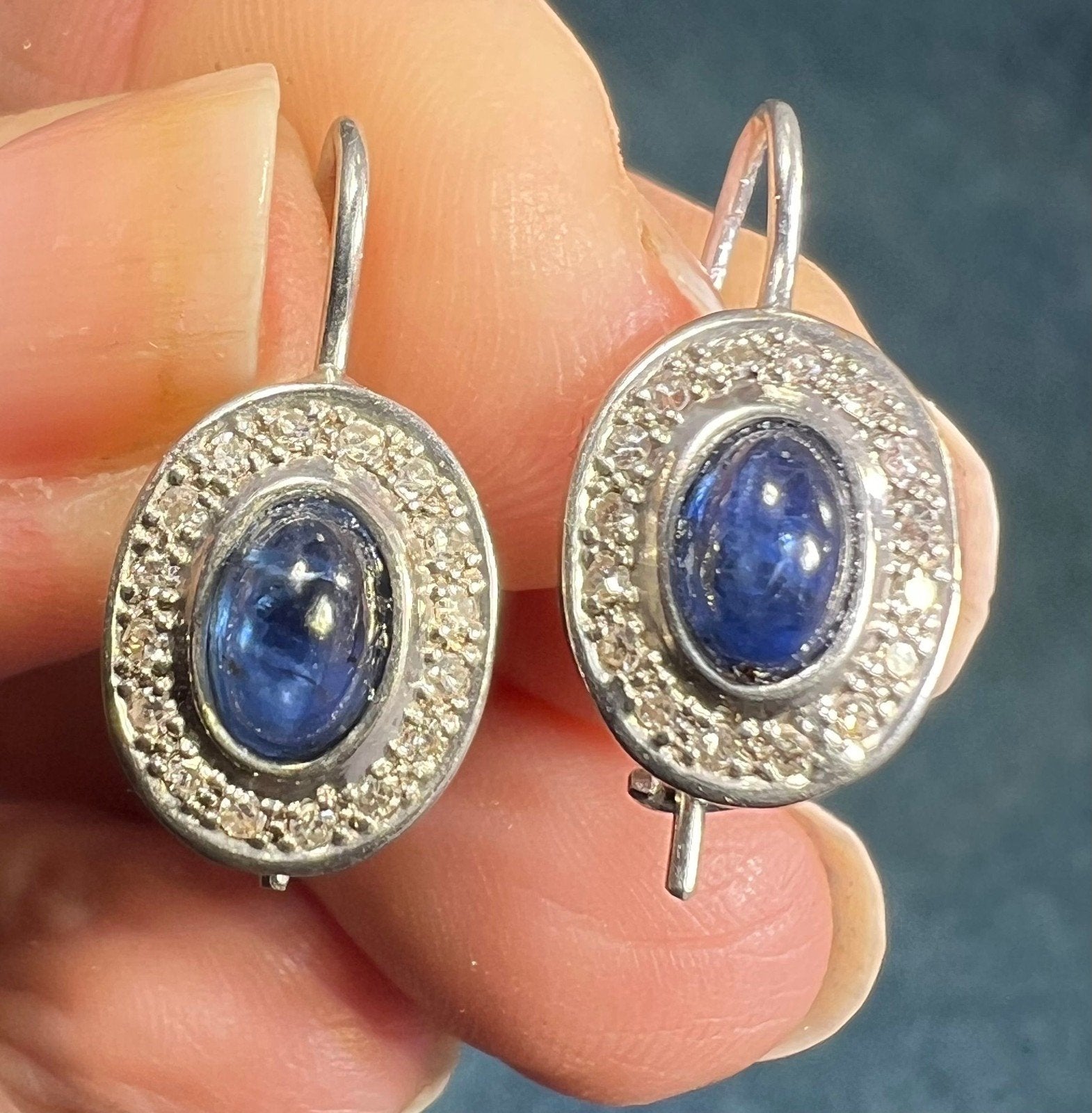 14k White Gold Blue Sapphire Cabochon + Diamond Leverback Earrings *Video*