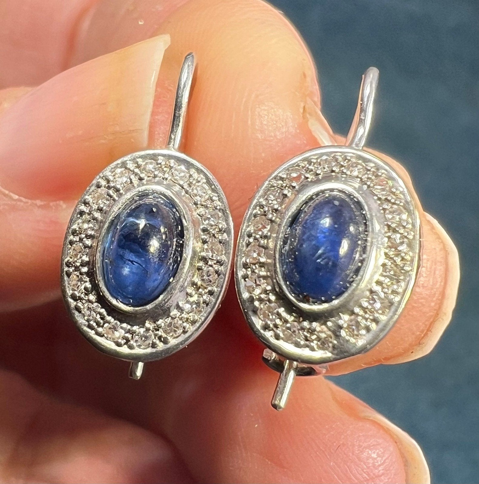 14k White Gold Blue Sapphire Cabochon + Diamond Leverback Earrings *Video*