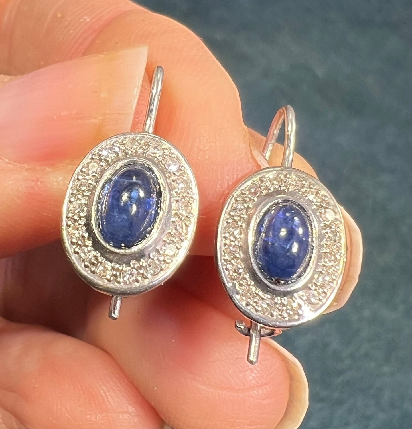 14k White Gold Blue Sapphire Cabochon + Diamond Leverback Earrings *Video*