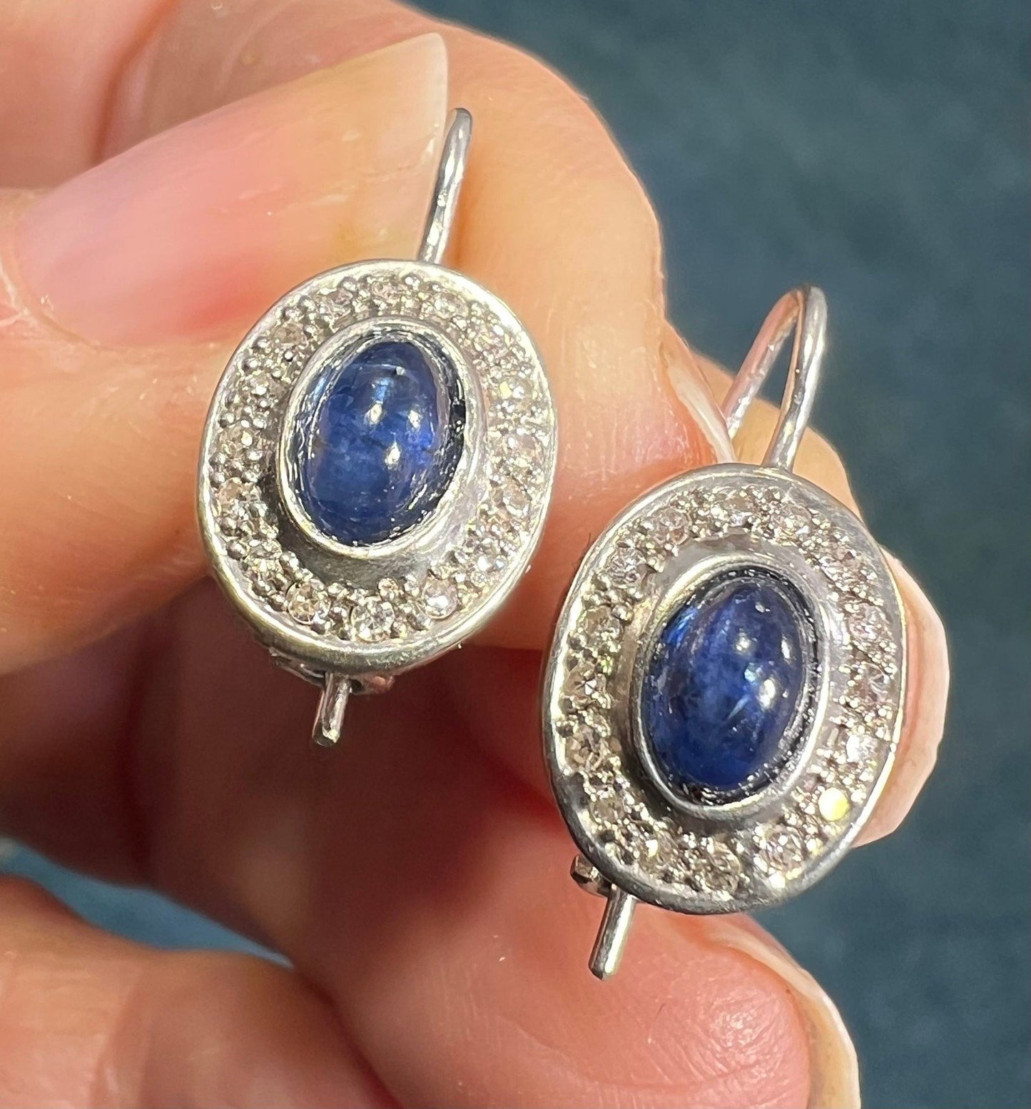 14k White Gold Blue Sapphire Cabochon + Diamond Leverback Earrings *Video*