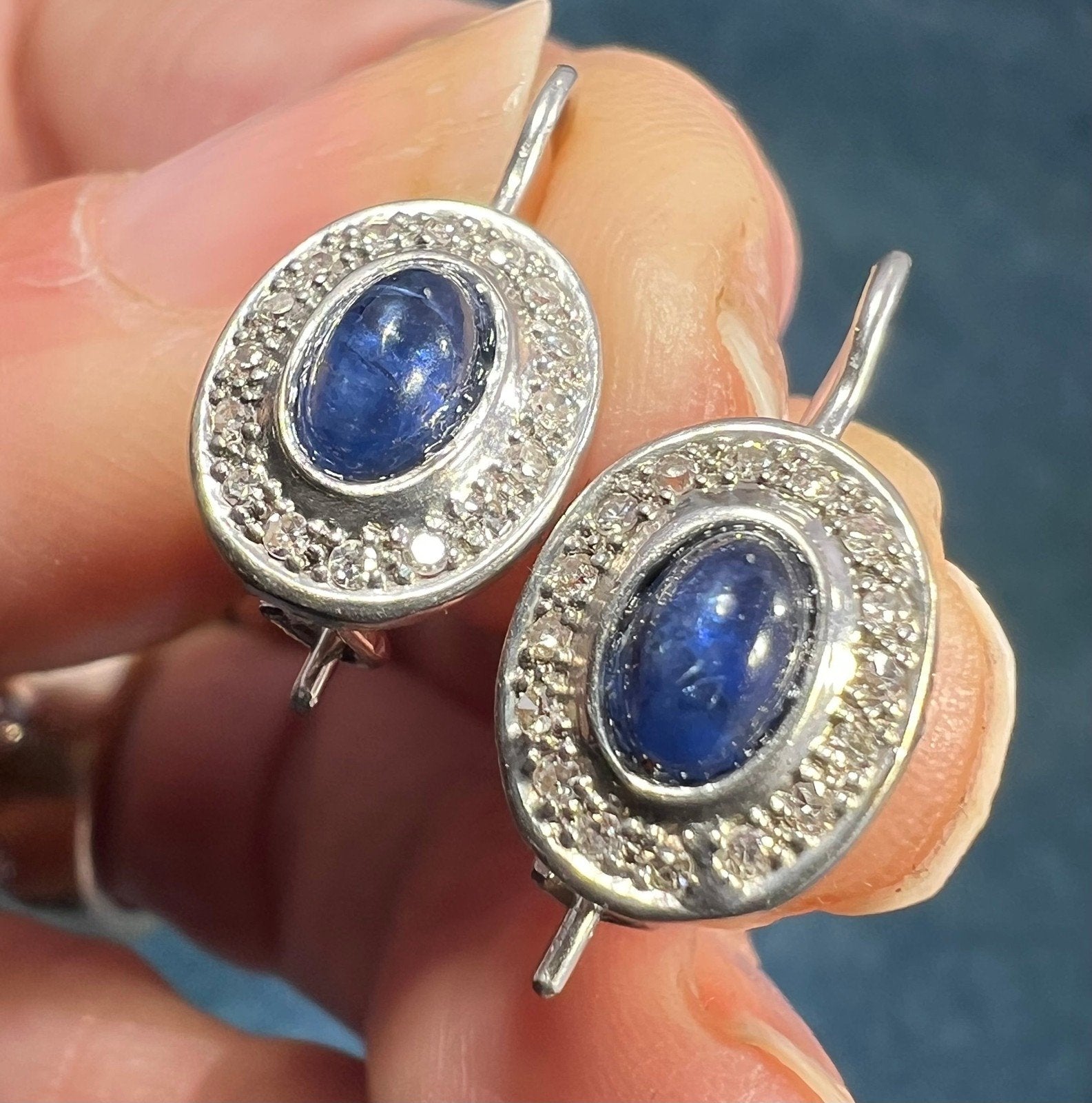 14k White Gold Blue Sapphire Cabochon + Diamond Leverback Earrings *Video*