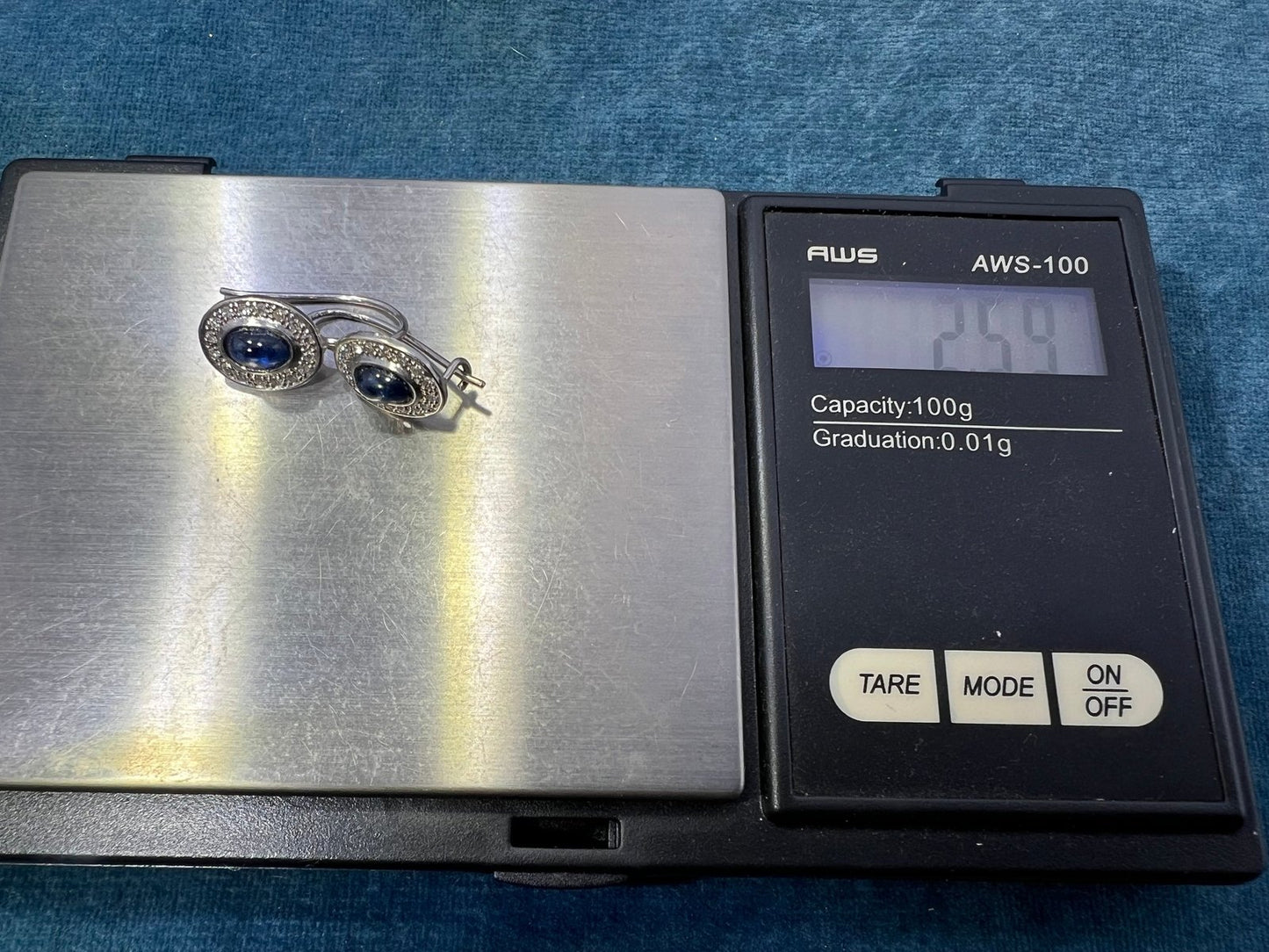 14k White Gold Blue Sapphire Cabochon + Diamond Leverback Earrings *Video*