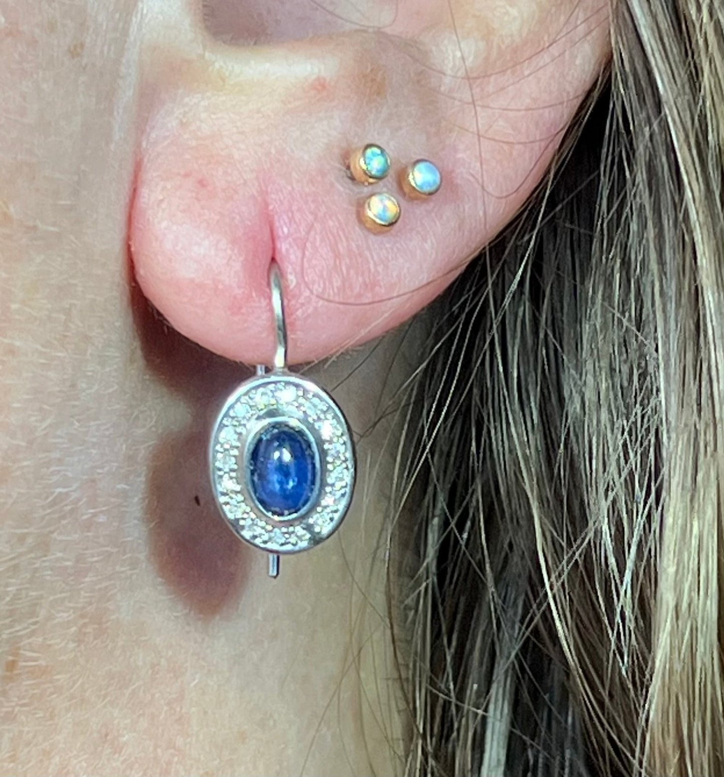 14k White Gold Blue Sapphire Cabochon + Diamond Leverback Earrings *Video*