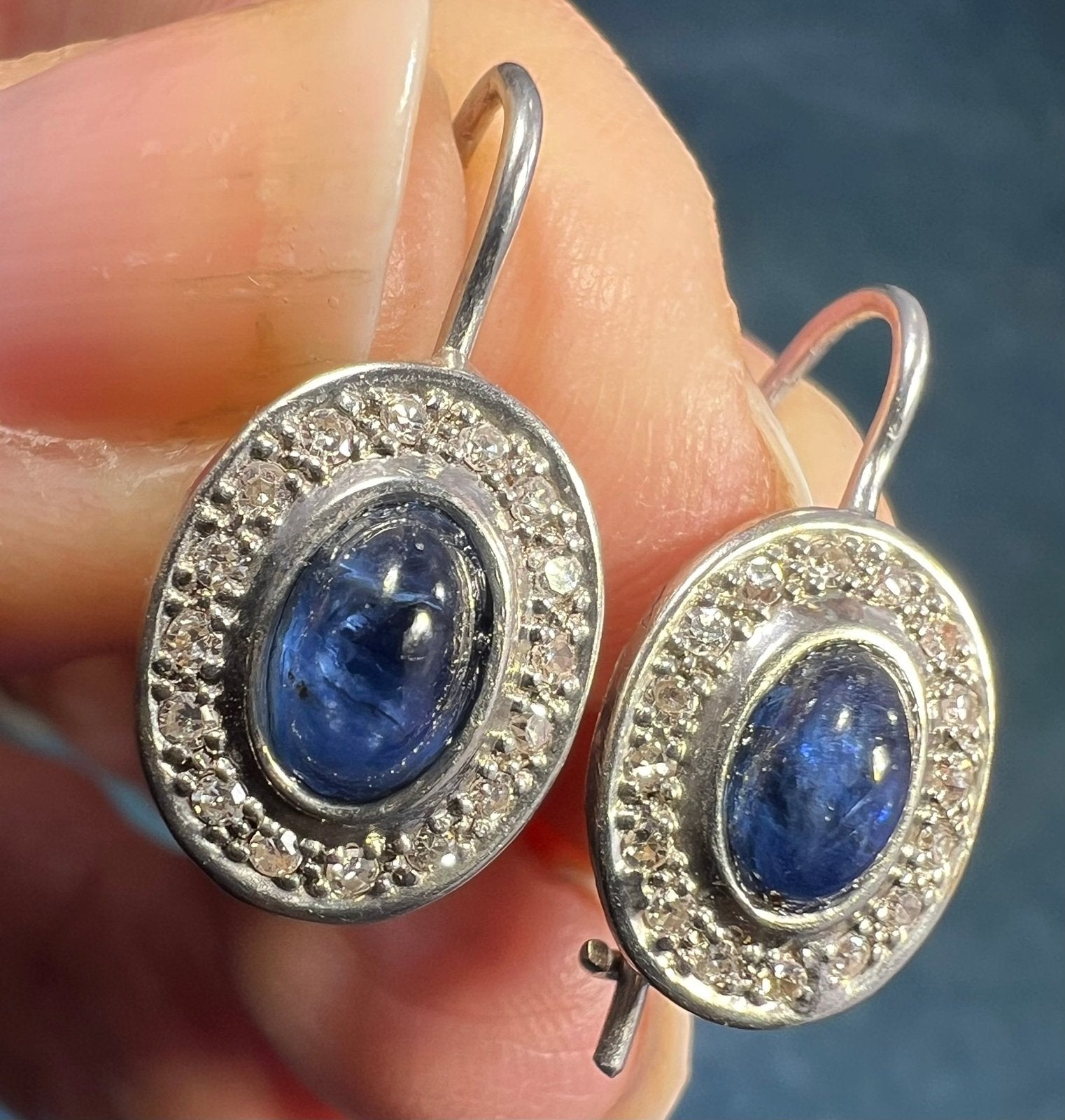 14k White Gold Blue Sapphire Cabochon + Diamond Leverback Earrings *Video*