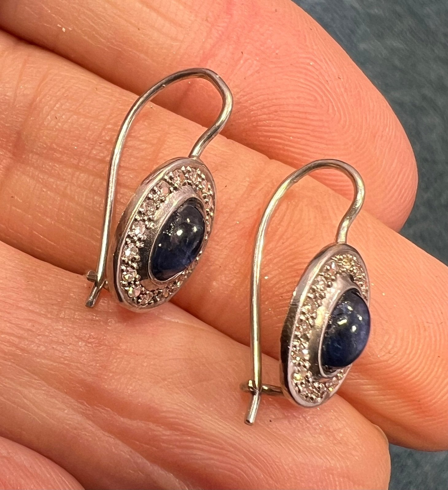 14k White Gold Blue Sapphire Cabochon + Diamond Leverback Earrings *Video*