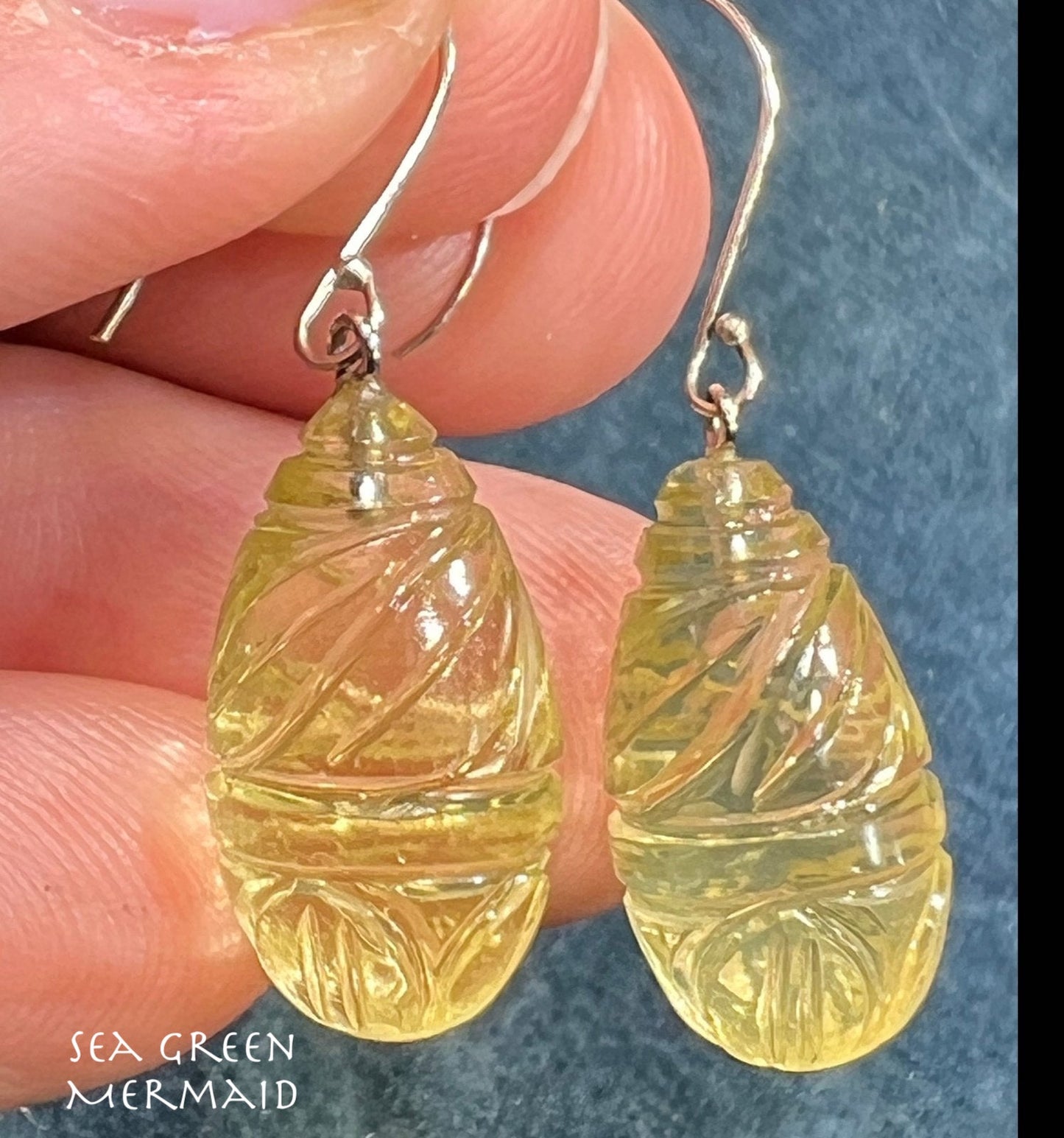 14k White Gold Carved Lemon Citrine Baton Dangle Earrings *Video*