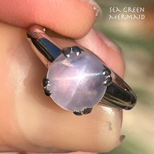 14k White Gold Ceylon Blue STAR SAPPHIRE Solitaire Ring *Video*