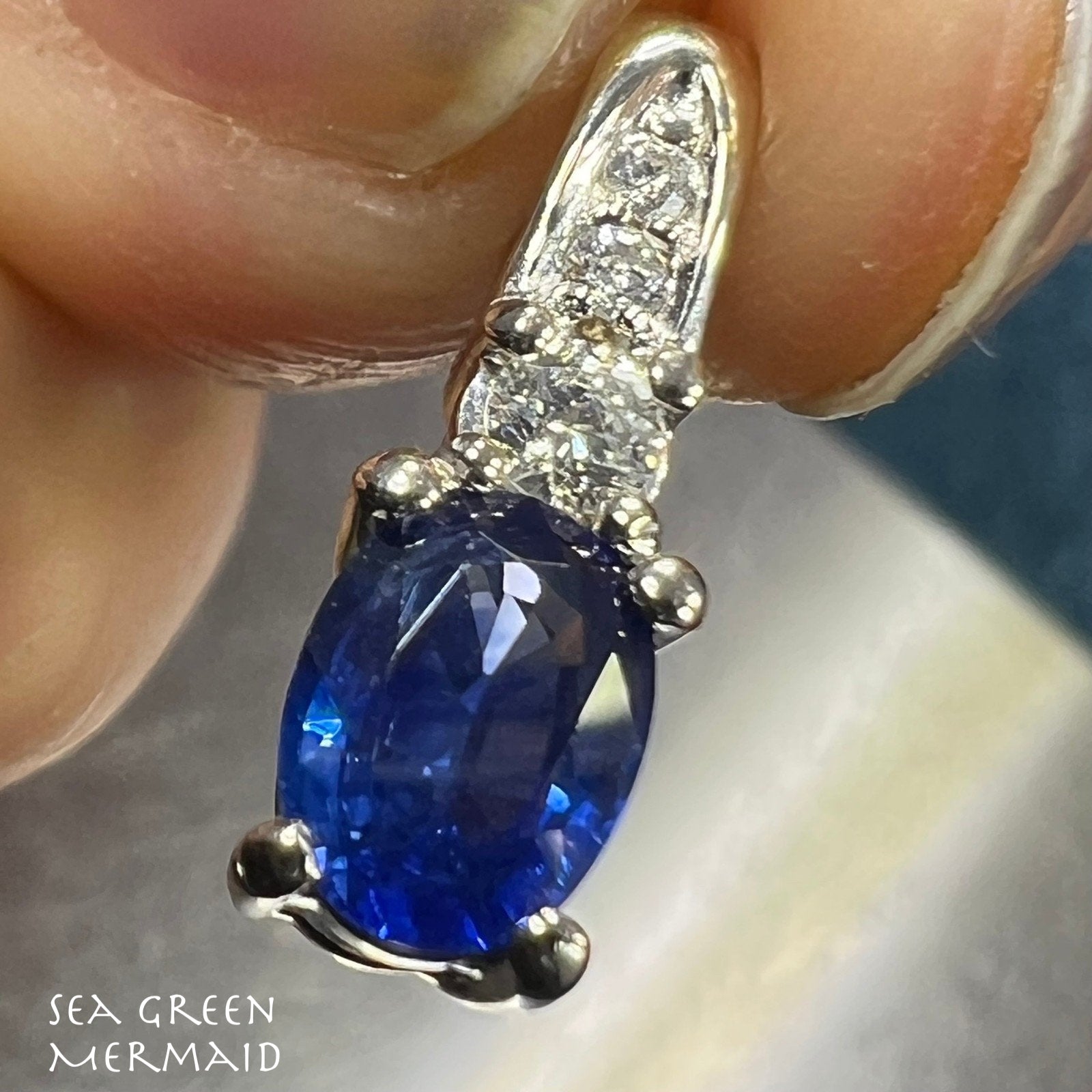 14k White Gold Ceylon Blue Sapphire + Diamond Pendant *Video*