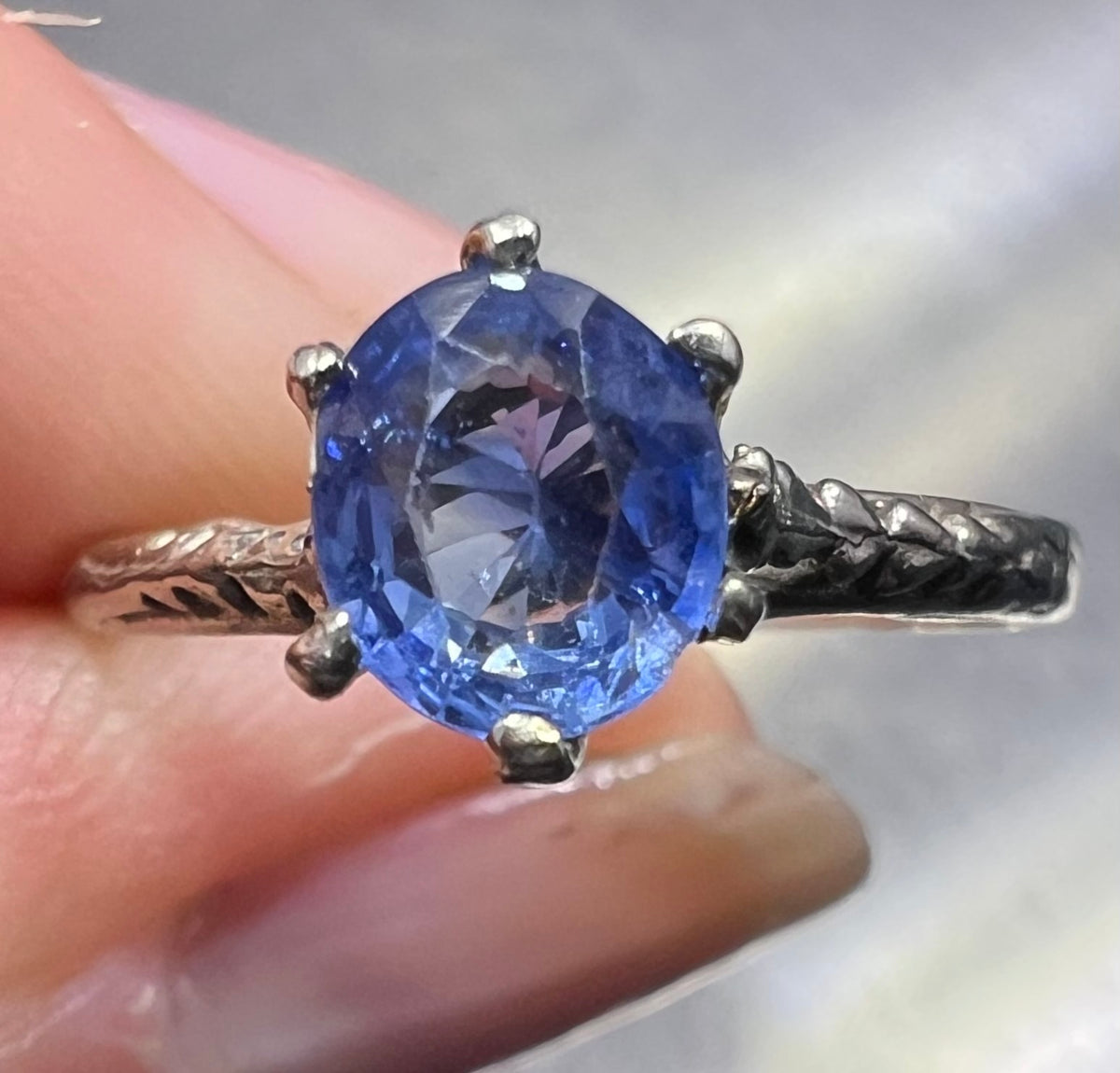 14k White Gold Ceylon Blue Sapphire Solitaire Ring. Antique *Video*