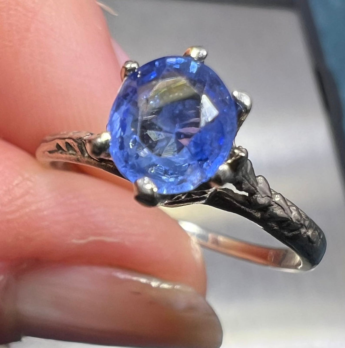 14k White Gold Ceylon Blue Sapphire Solitaire Ring. Antique *Video*
