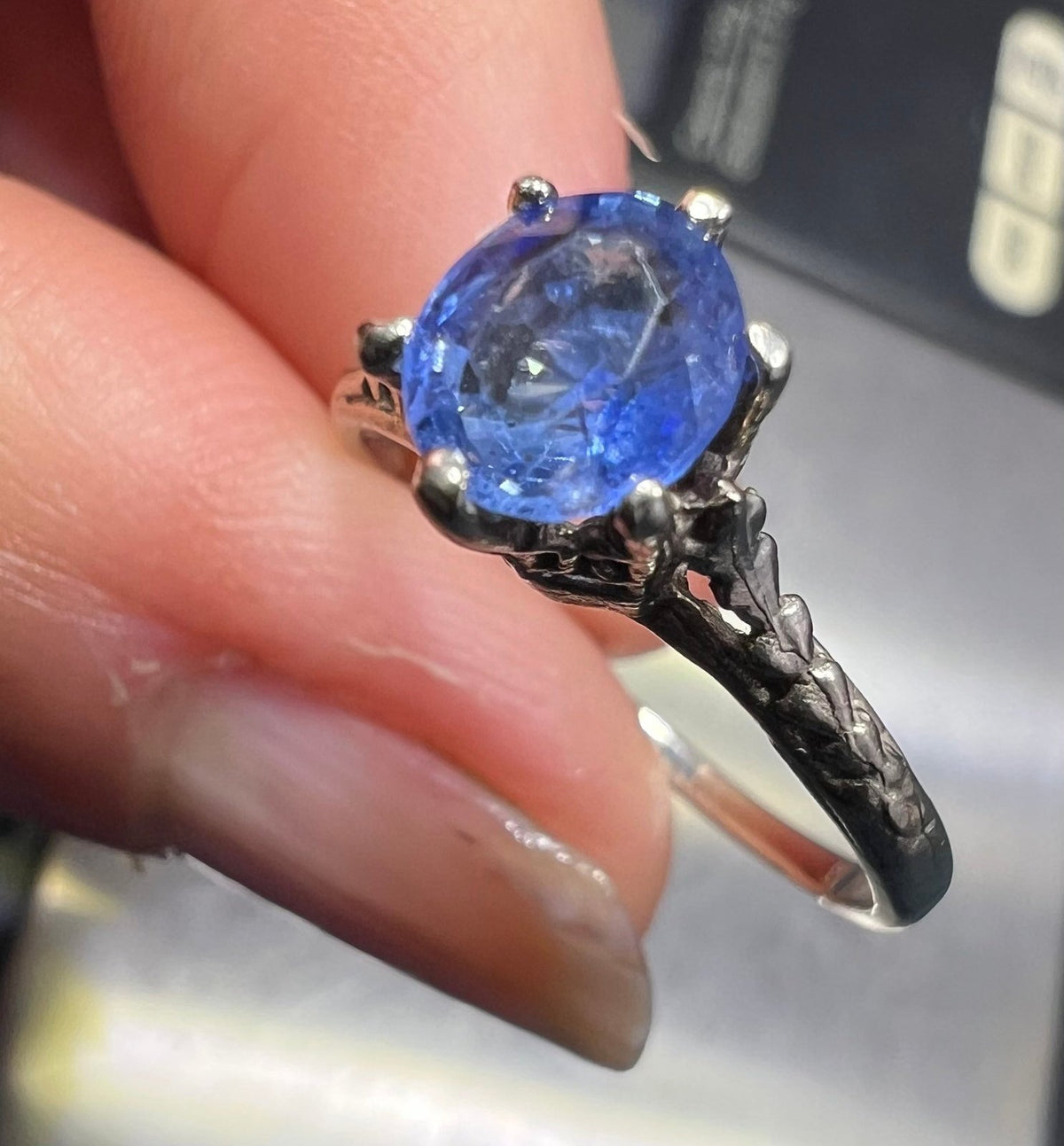 14k White Gold Ceylon Blue Sapphire Solitaire Ring. Antique *Video*