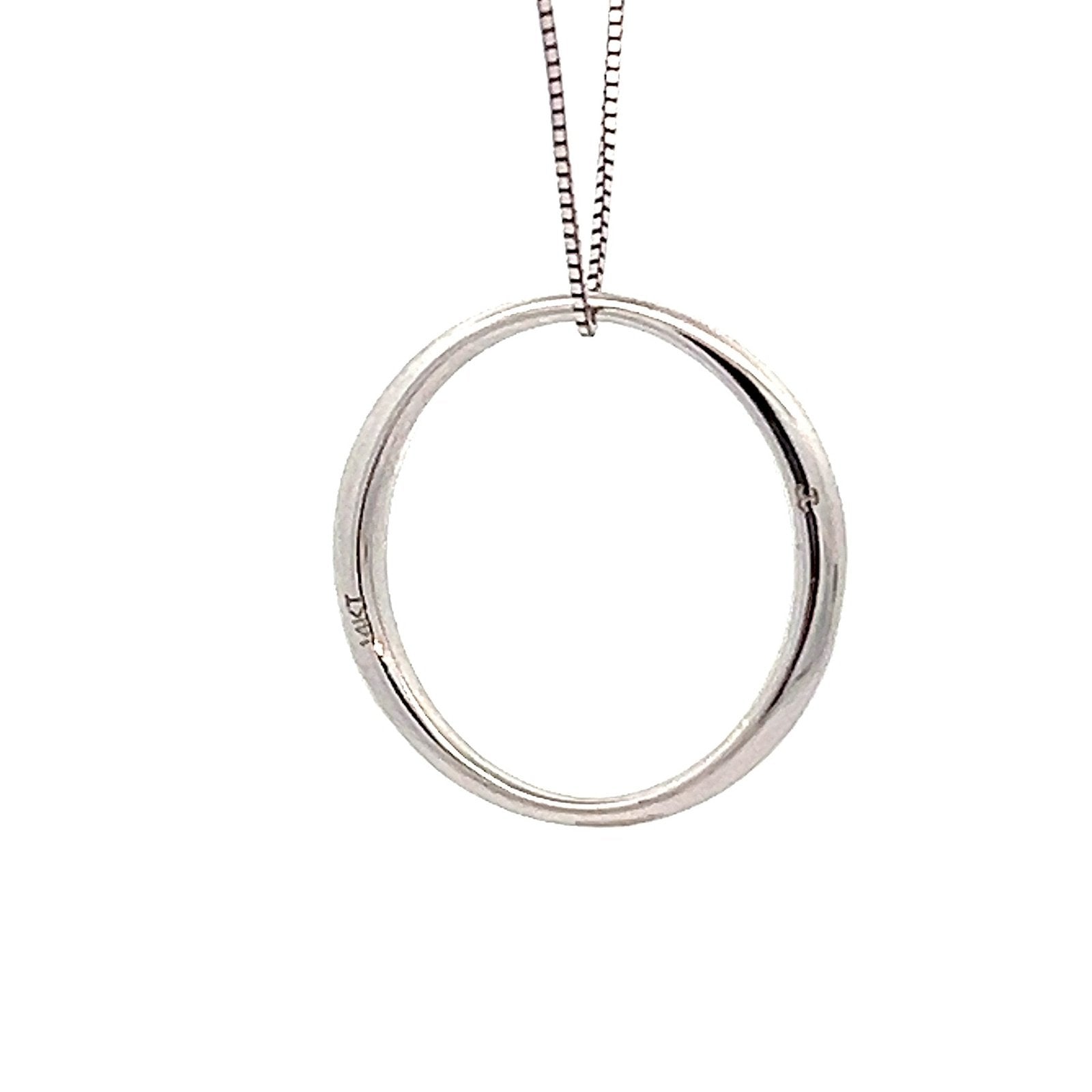 14k White Gold Crescent Moon Diamond Circle Pendant. Designer