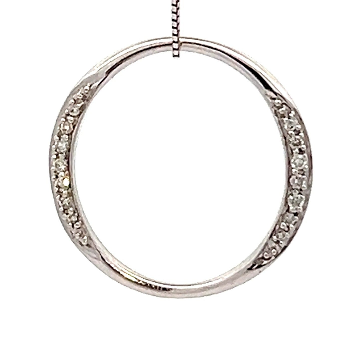 14k White Gold Crescent Moon Diamond Circle Pendant. Designer