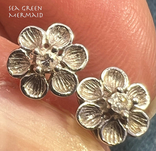 14k White Gold Diamond Cherry Blossom Flower Earrings. Tiny!
