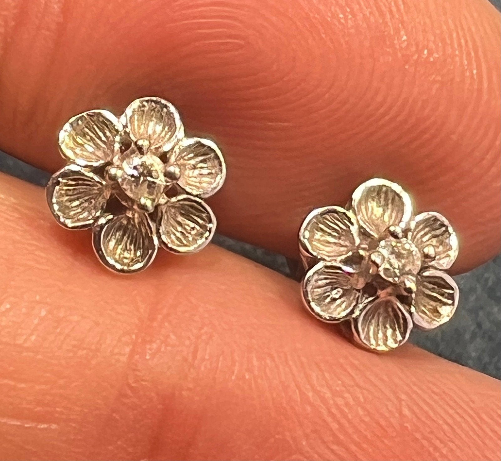 14k White Gold Diamond Cherry Blossom Flower Earrings. Tiny!