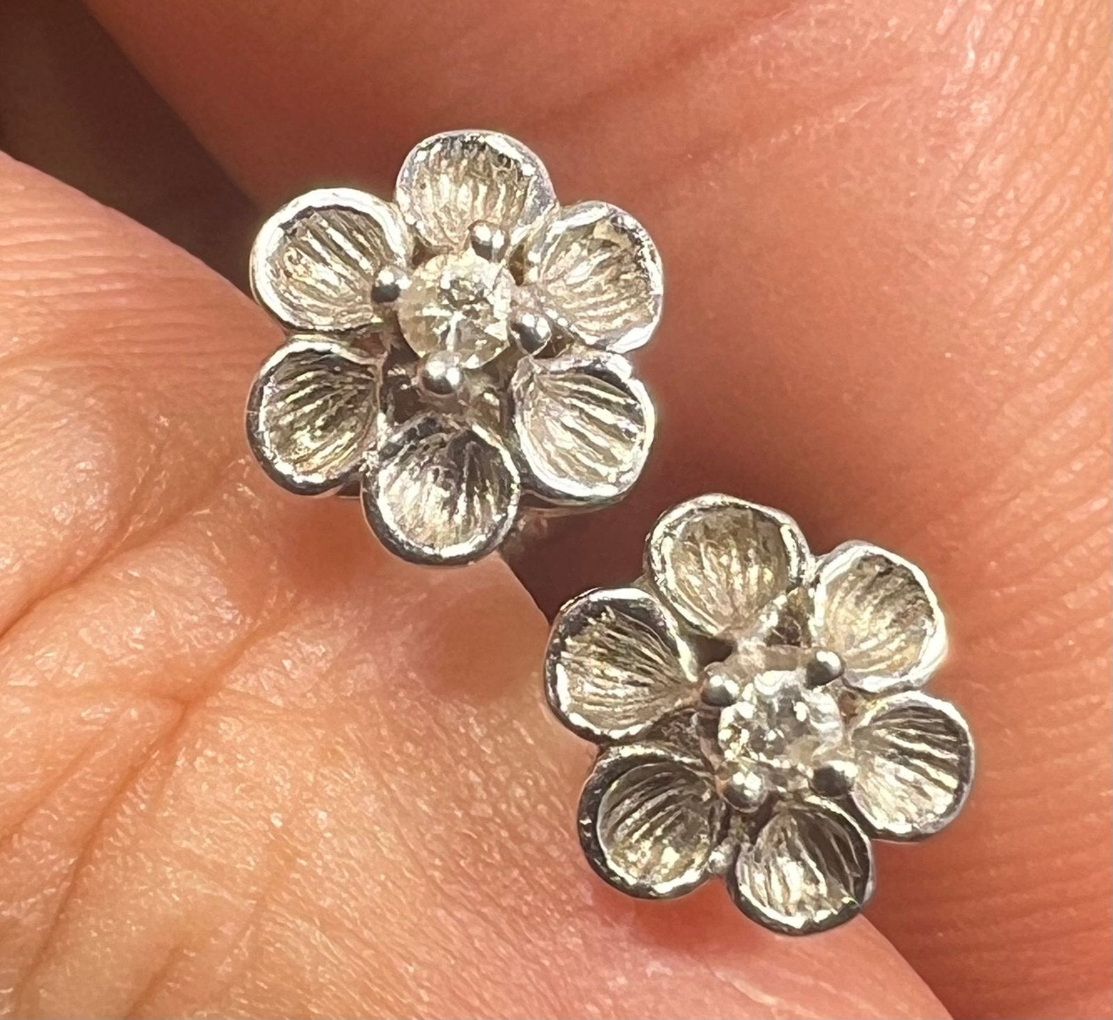 14k White Gold Diamond Cherry Blossom Flower Earrings. Tiny!