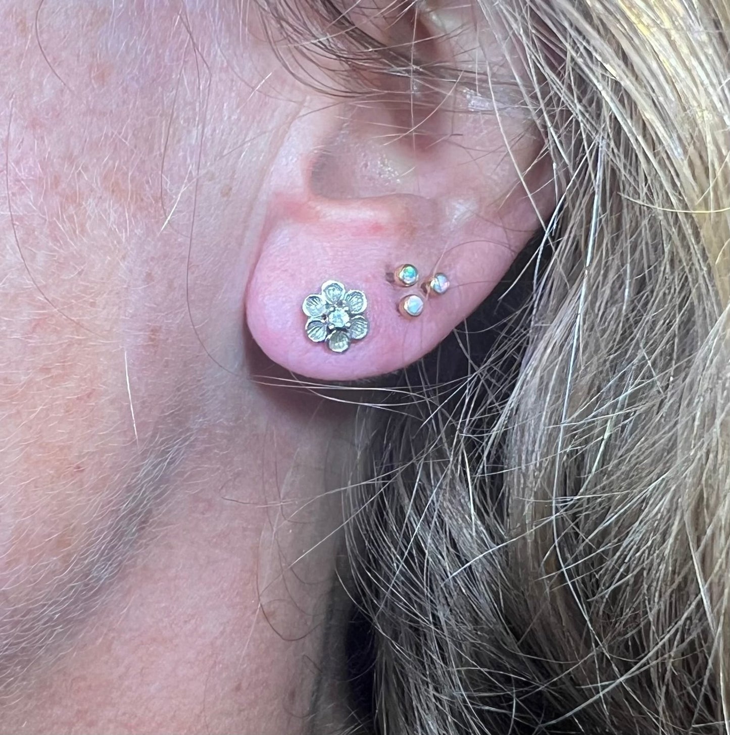 14k White Gold Diamond Cherry Blossom Flower Earrings. Tiny!