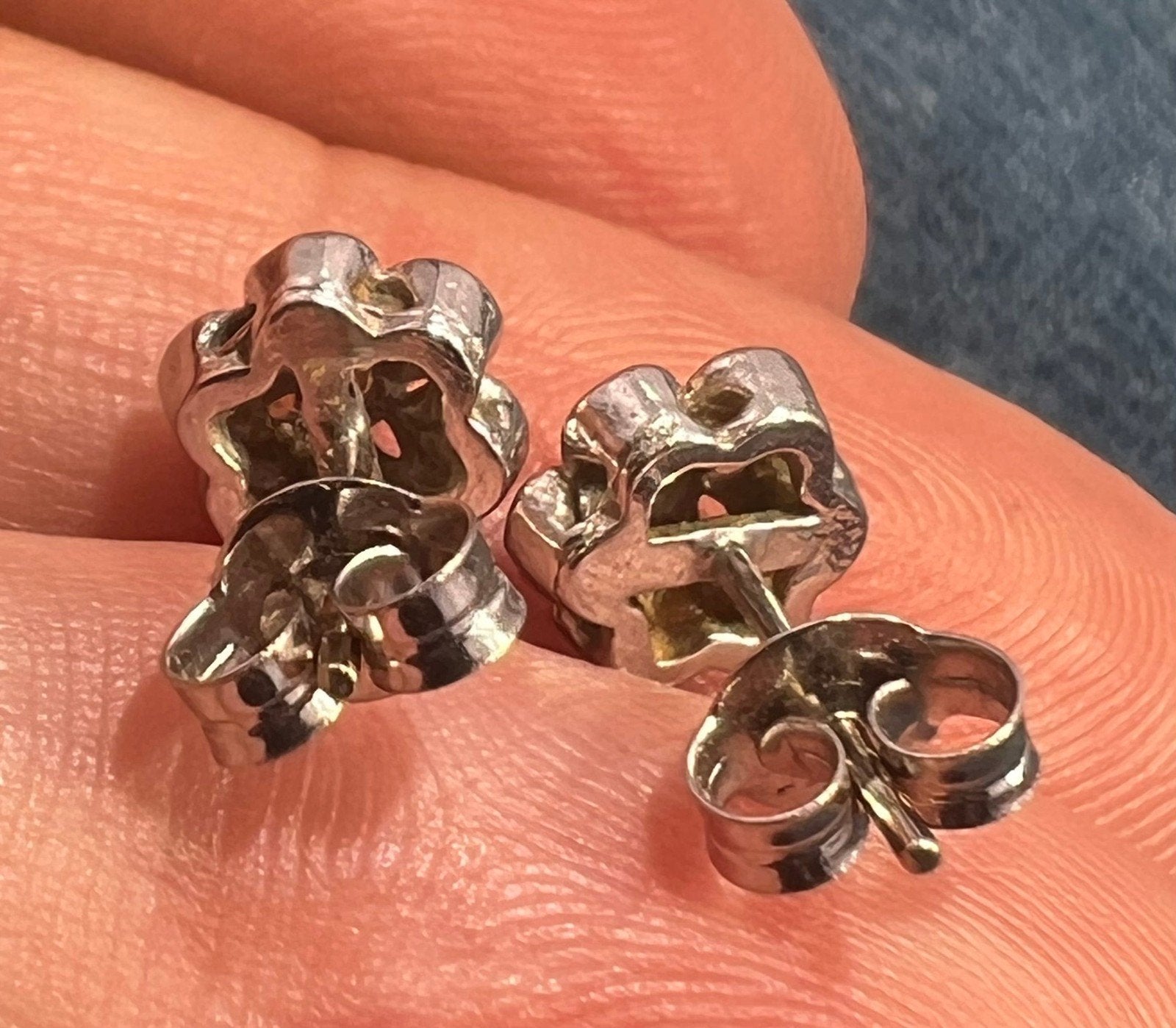 14k White Gold Diamond Cherry Blossom Flower Earrings. Tiny!