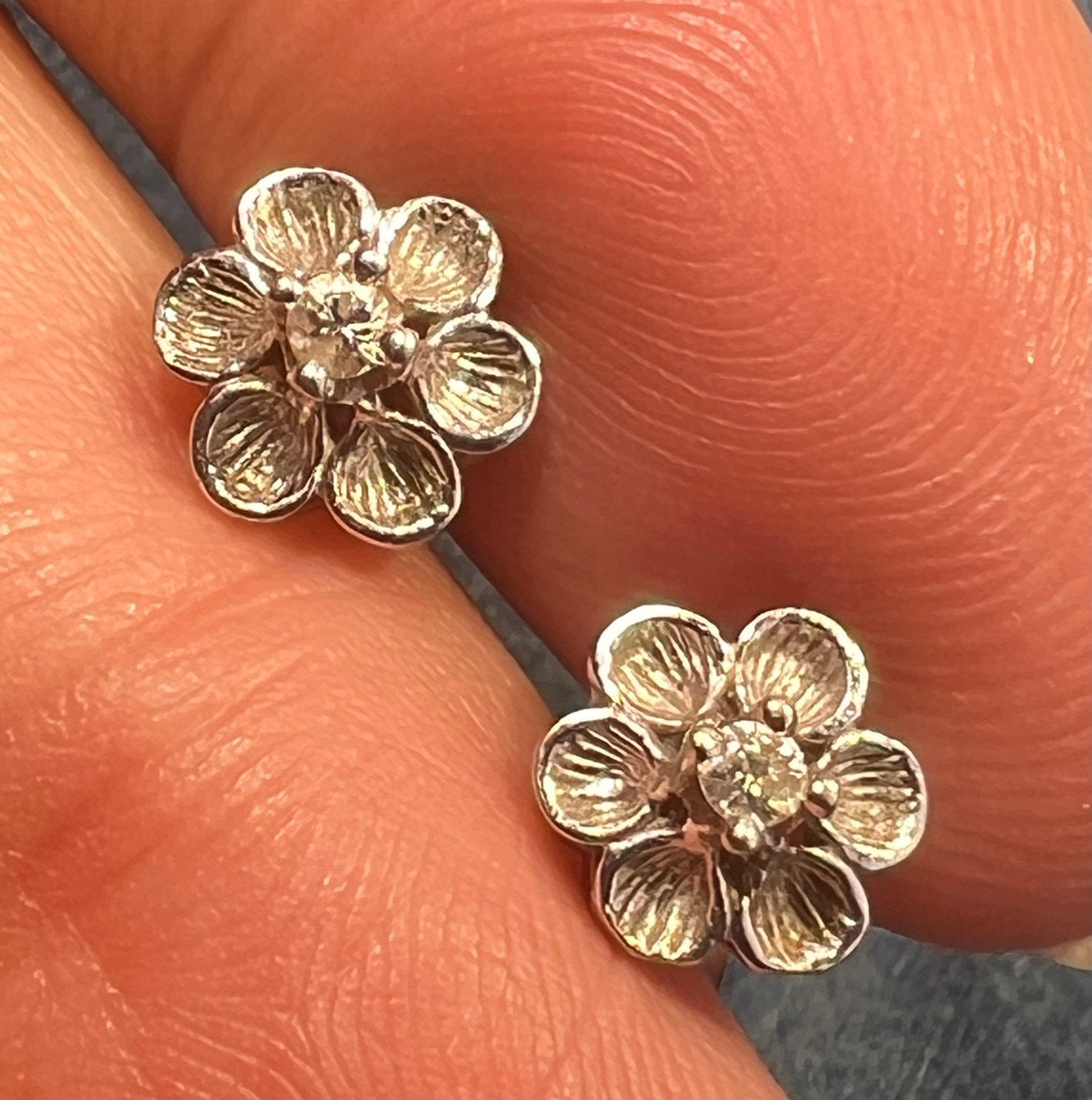 14k White Gold Diamond Cherry Blossom Flower Earrings. Tiny!