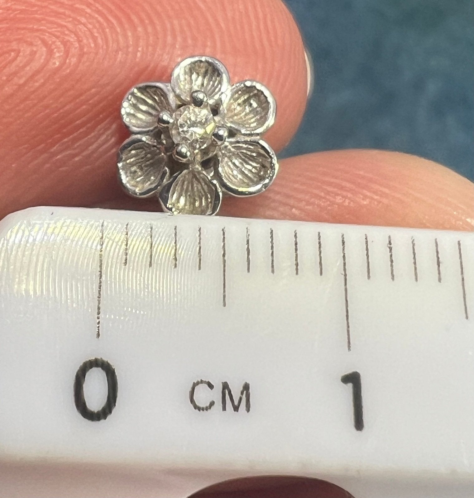 14k White Gold Diamond Cherry Blossom Flower Earrings. Tiny!