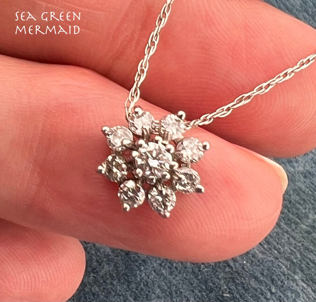 14k White Gold Diamond Flower Pendant w 14k Chain Necklace