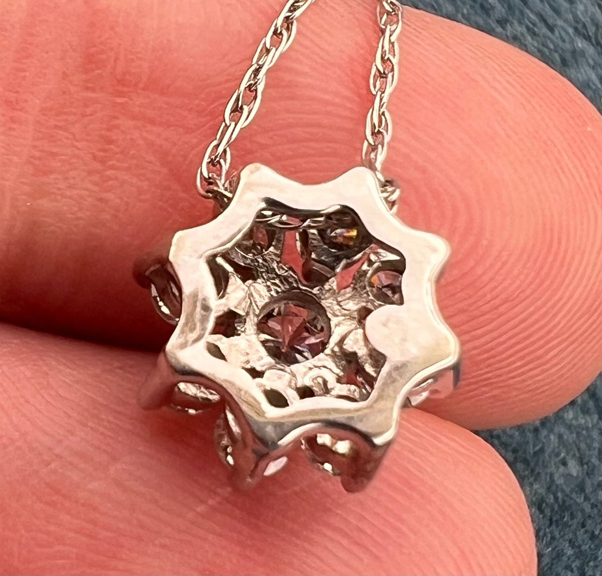 14k White Gold Diamond Flower Pendant w 14k Chain Necklace