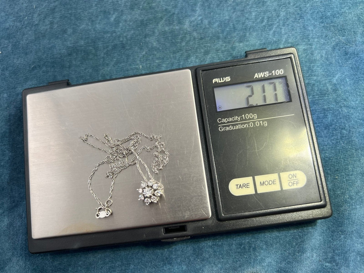 14k White Gold Diamond Flower Pendant w 14k Chain Necklace