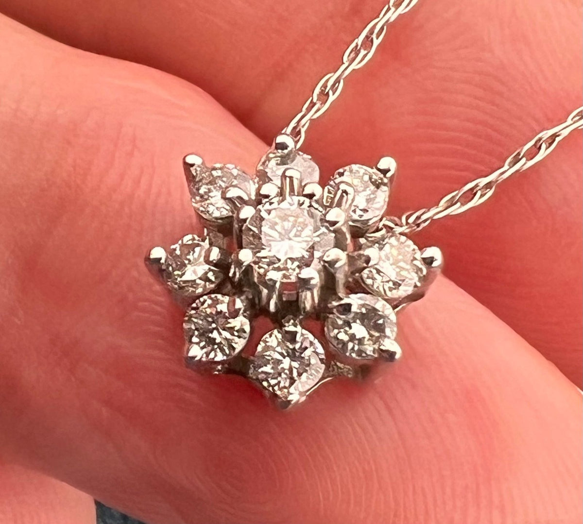 14k White Gold Diamond Flower Pendant w 14k Chain Necklace