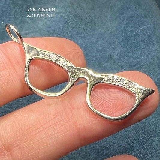 14k White Gold & Diamond Frame CAT-EYE GLASSES Pendant. 1.7"