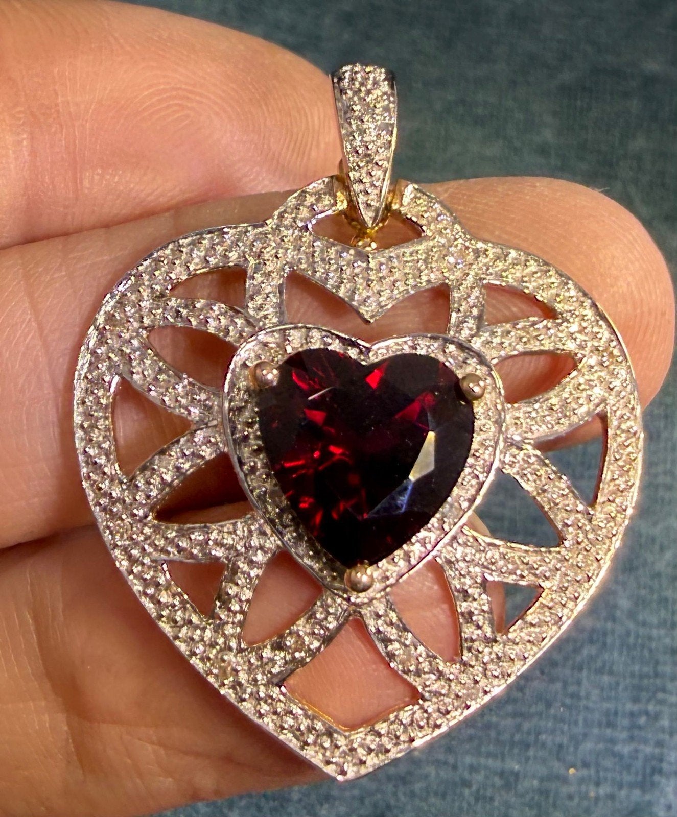 14k White Gold Garnet Heart Pendant w Tiny Diamonds. 1.3" + 5.4g *Video*