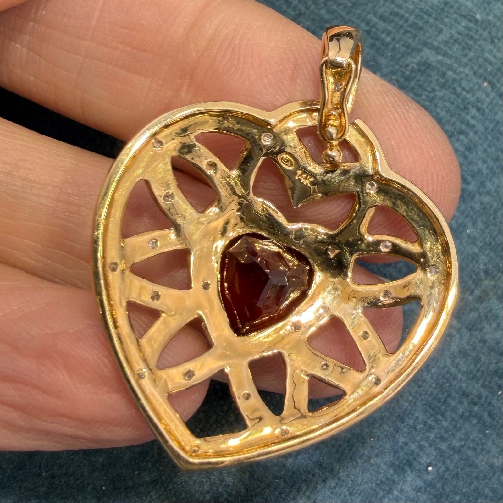 14k White Gold Garnet Heart Pendant w Tiny Diamonds. 1.3" + 5.4g *Video*