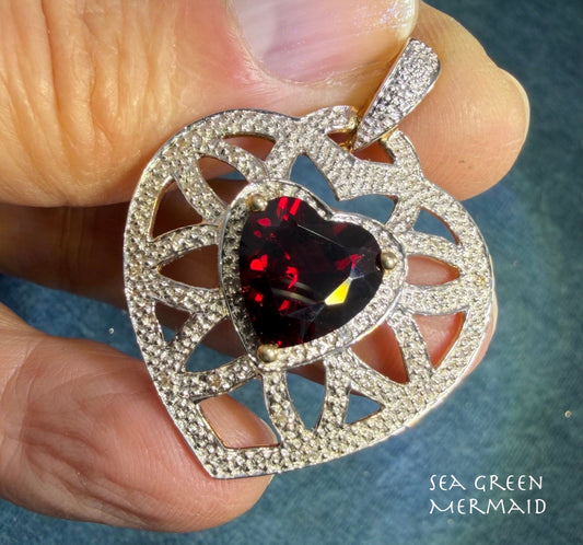 14k White Gold Garnet Heart Pendant w Tiny Diamonds. 1.3" + 5.4g *Video*