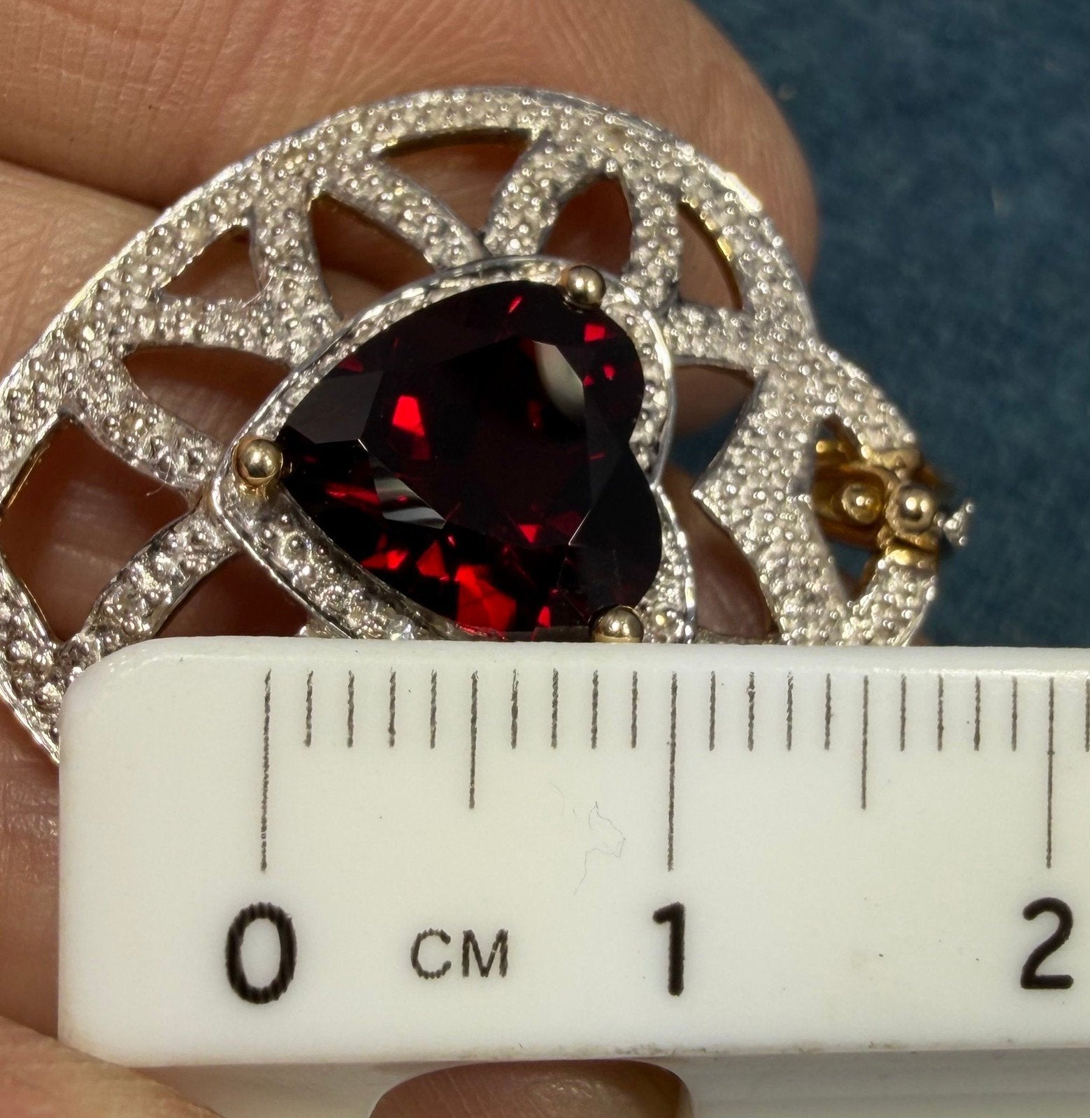 14k White Gold Garnet Heart Pendant w Tiny Diamonds. 1.3" + 5.4g *Video*