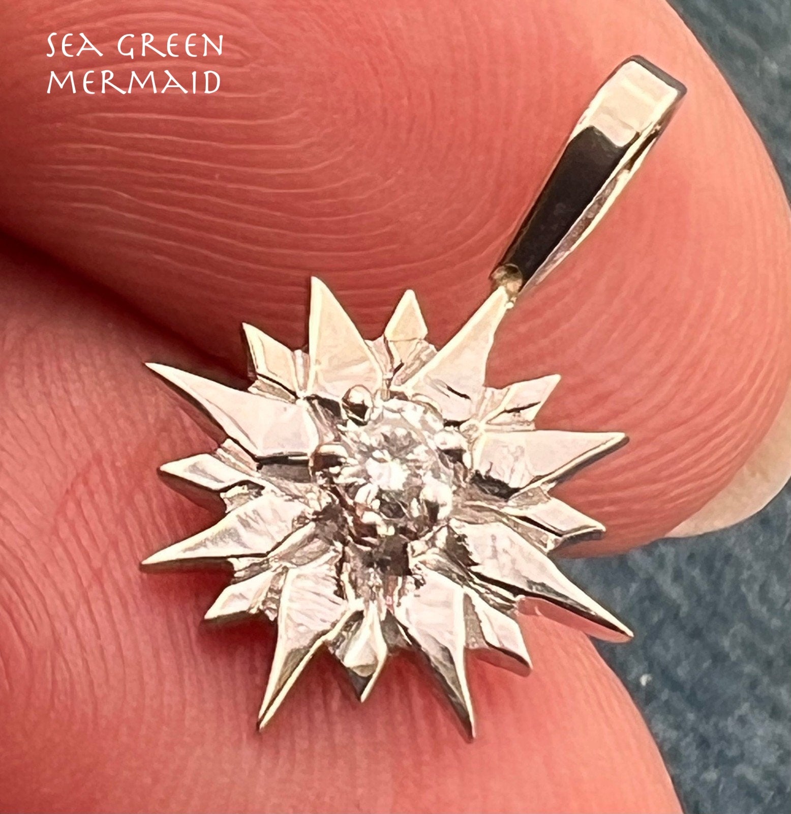 14k White Gold MCM Modern Diamond Sun Star Burst Pendant. Tiny!