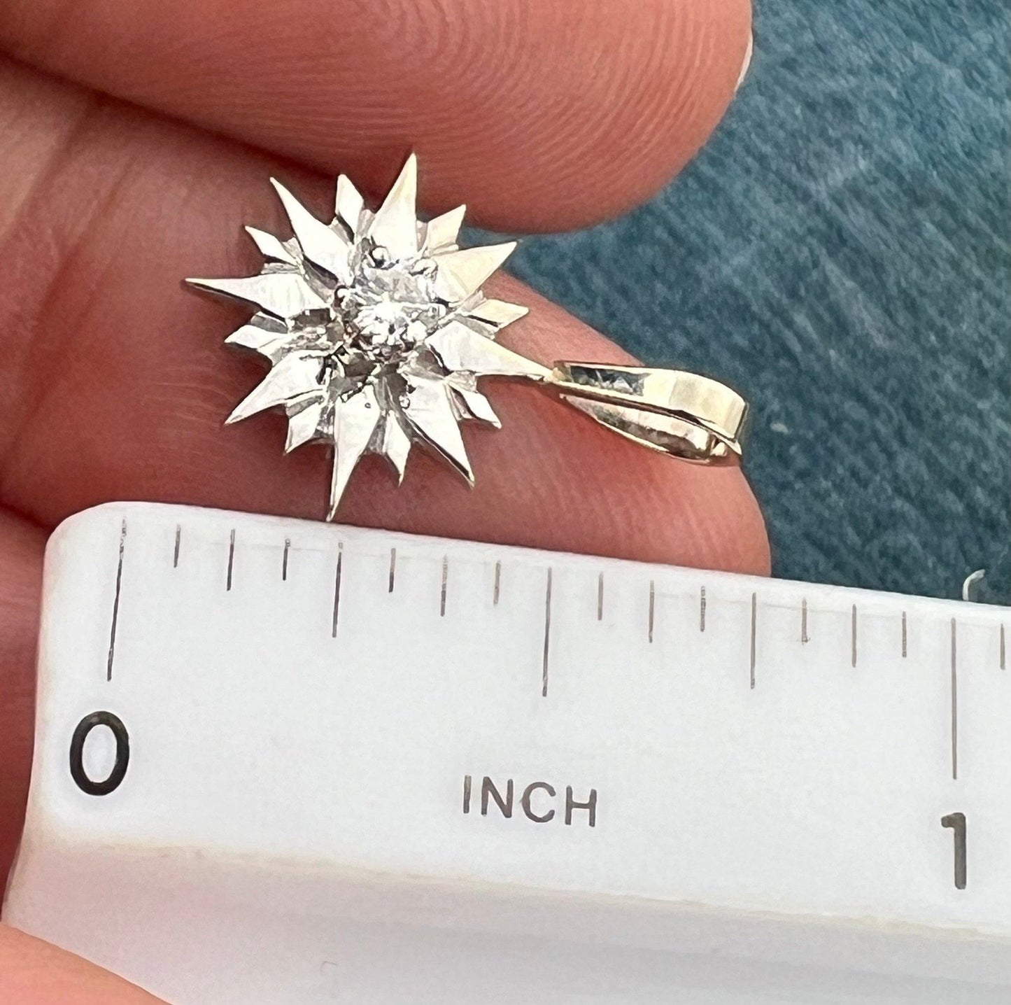 14k White Gold MCM Modern Diamond Sun Star Burst Pendant. Tiny!
