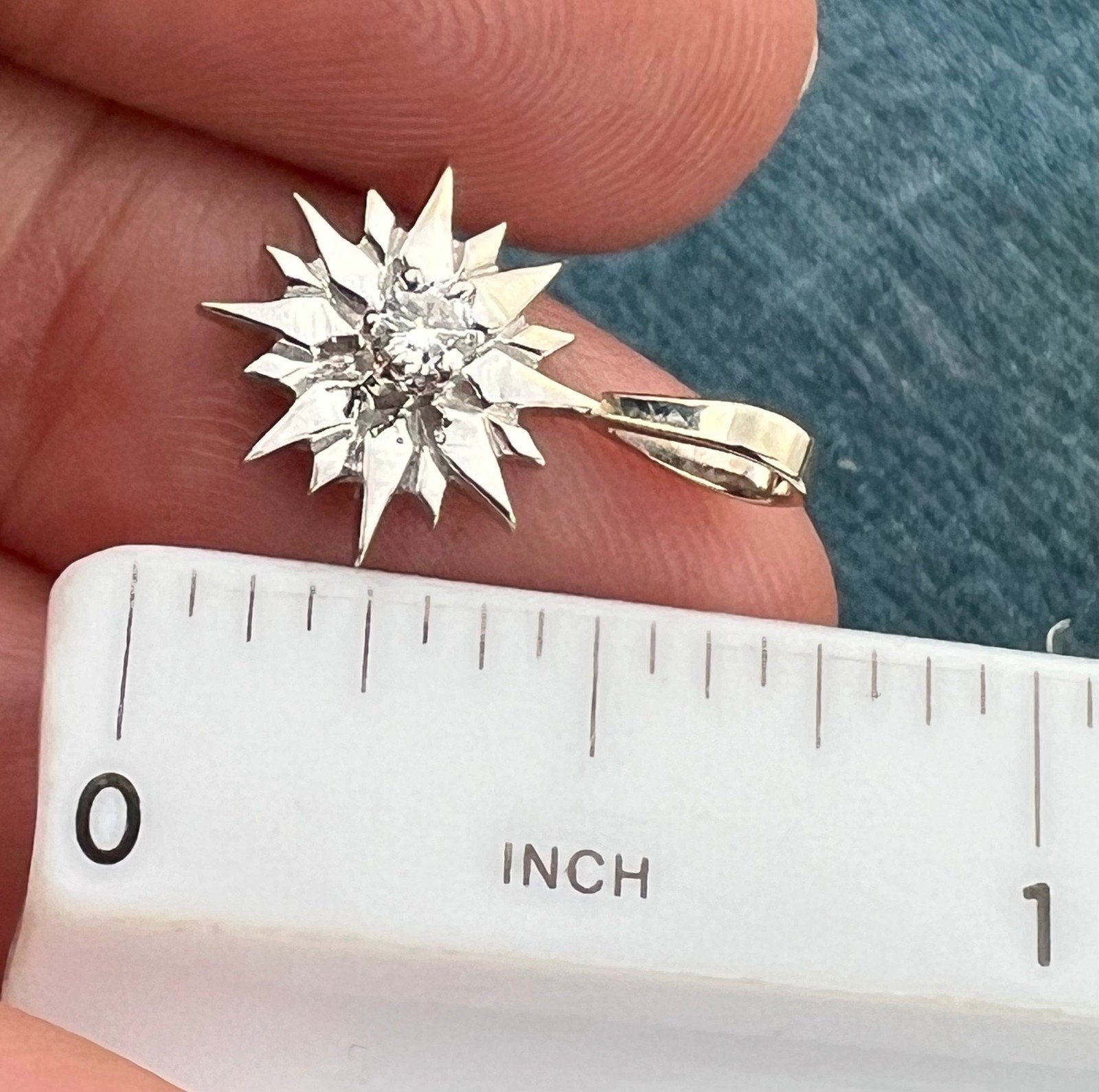 14k White Gold MCM Modern Diamond Sun Star Burst Pendant. Tiny!