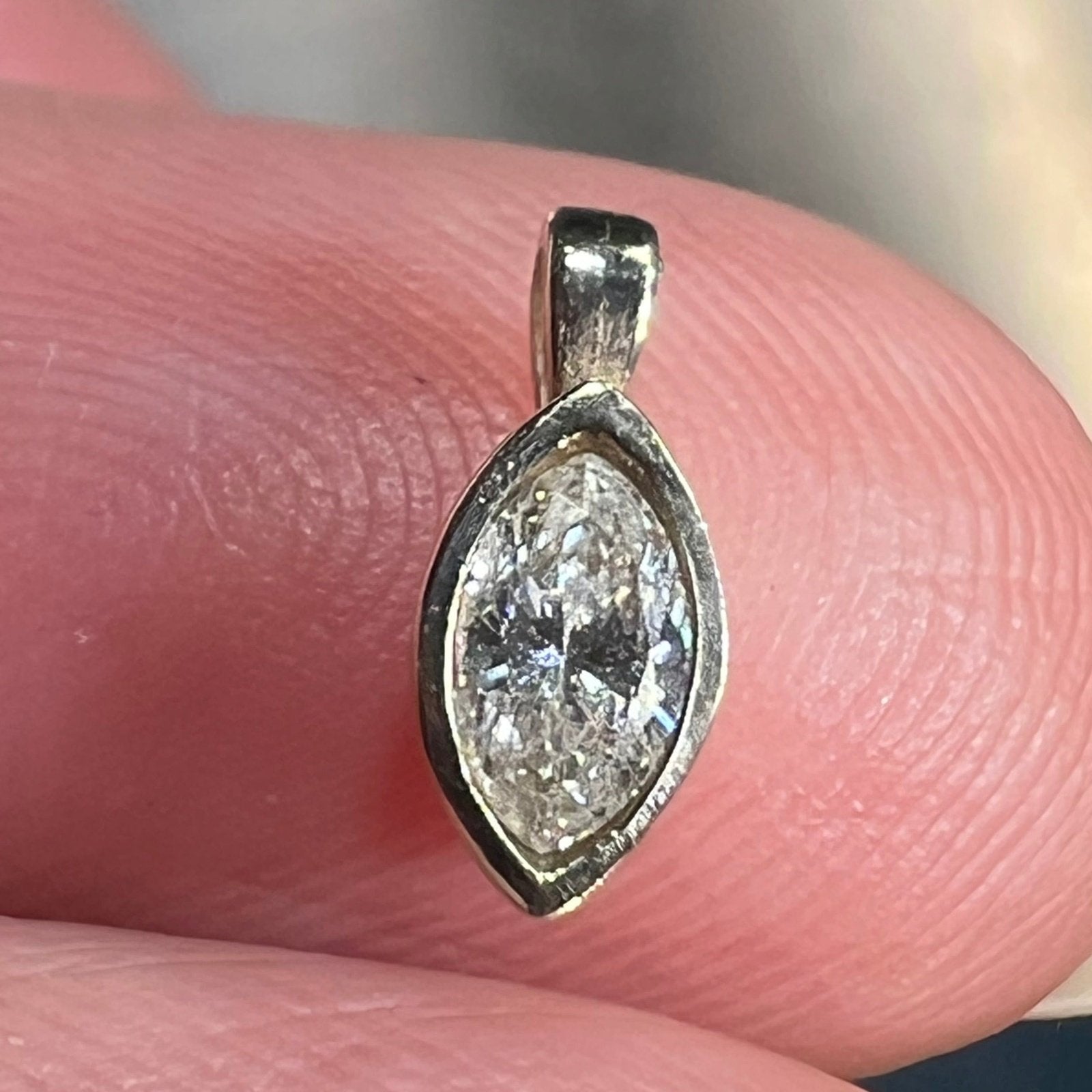 14k White Gold Marquise Diamond Pendant. Bezel-Set. TINY