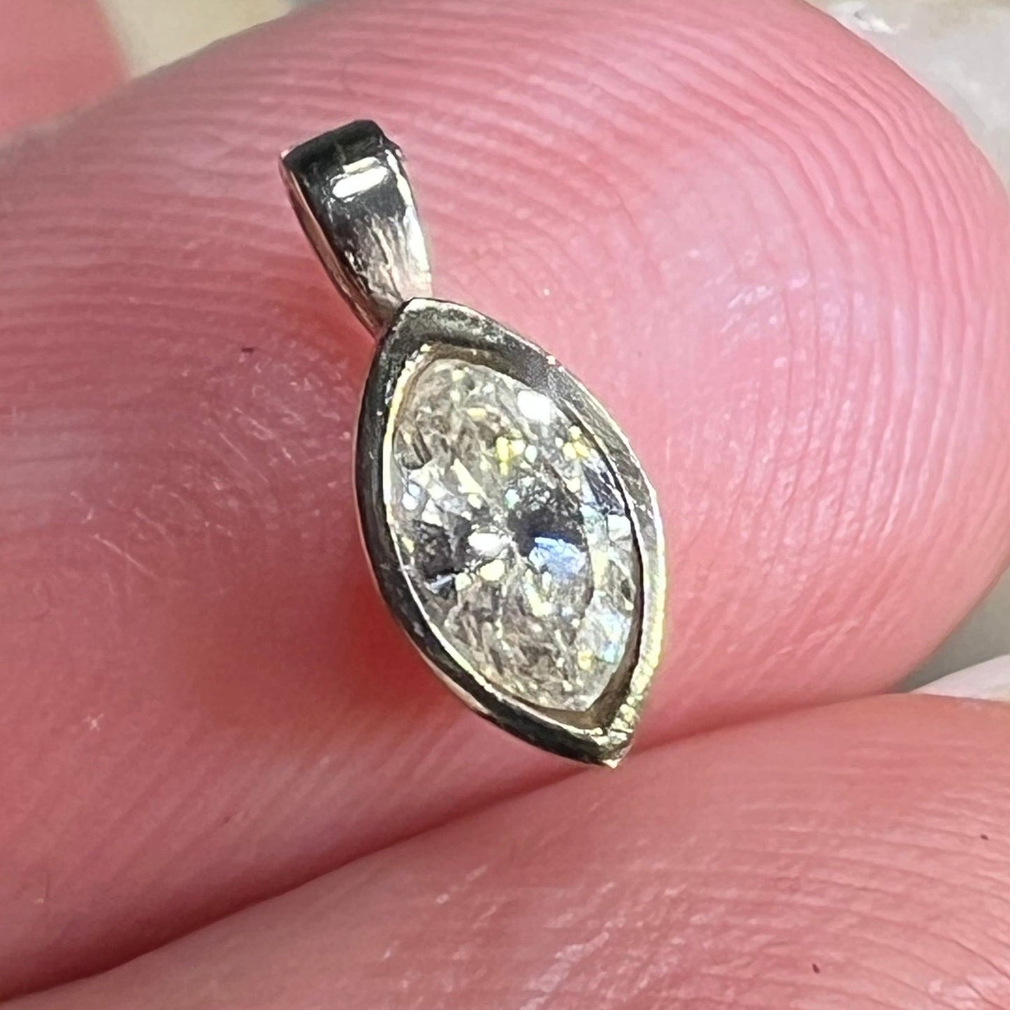 14k White Gold Marquise Diamond Pendant. Bezel-Set. TINY