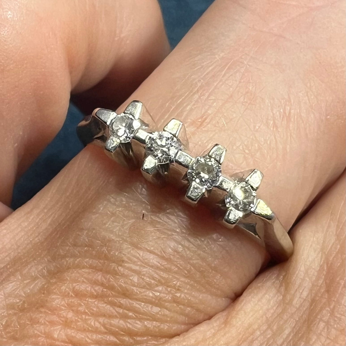 14k White Gold Mid-Century Modern Starburst Diamond Ring. Wedding Anniversary