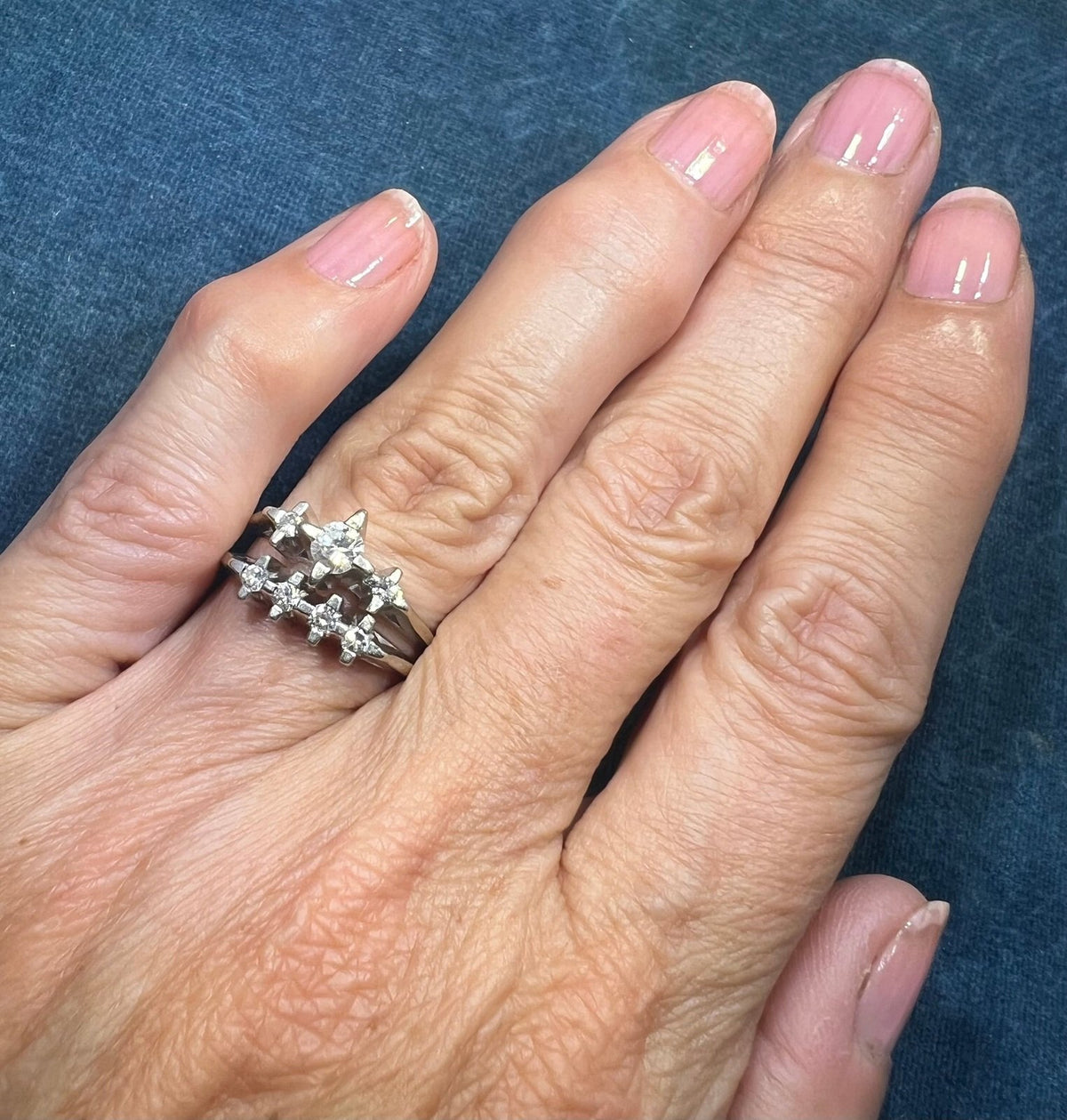 14k White Gold Mid-Century Modern Starburst Diamond Ring. Wedding Anniversary