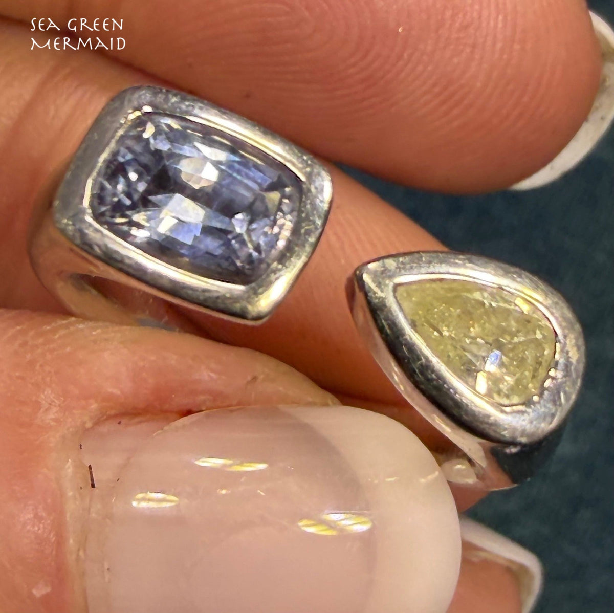 14k White Gold Modern Open Ring w Diamond + Ceylon Blue Sapphire