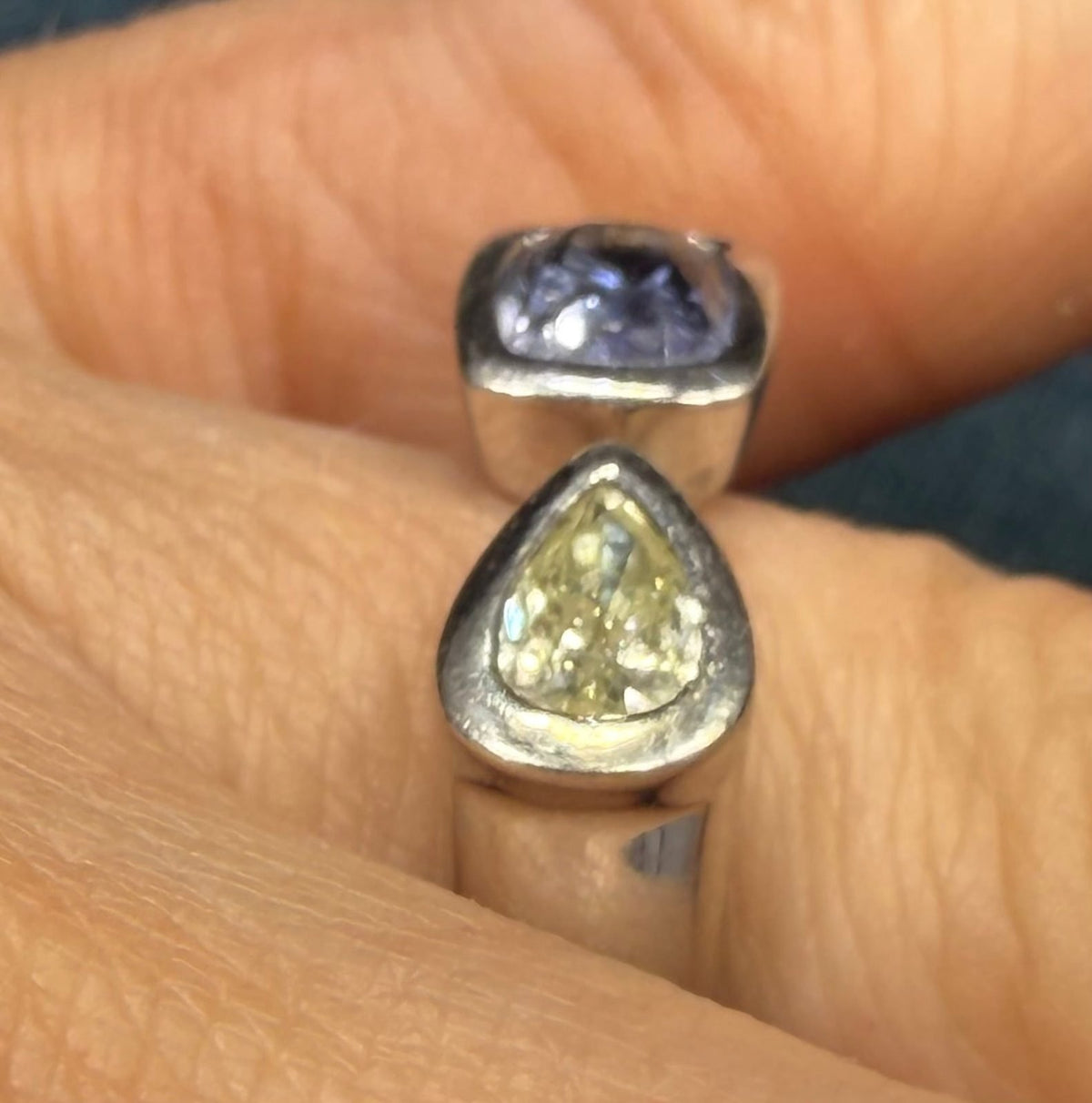14k White Gold Modern Open Ring w Diamond + Ceylon Blue Sapphire