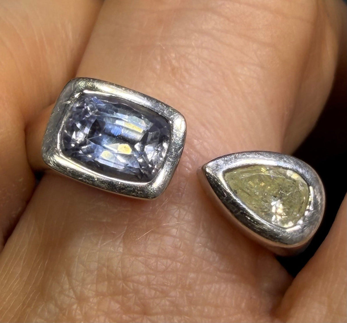 14k White Gold Modern Open Ring w Diamond + Ceylon Blue Sapphire